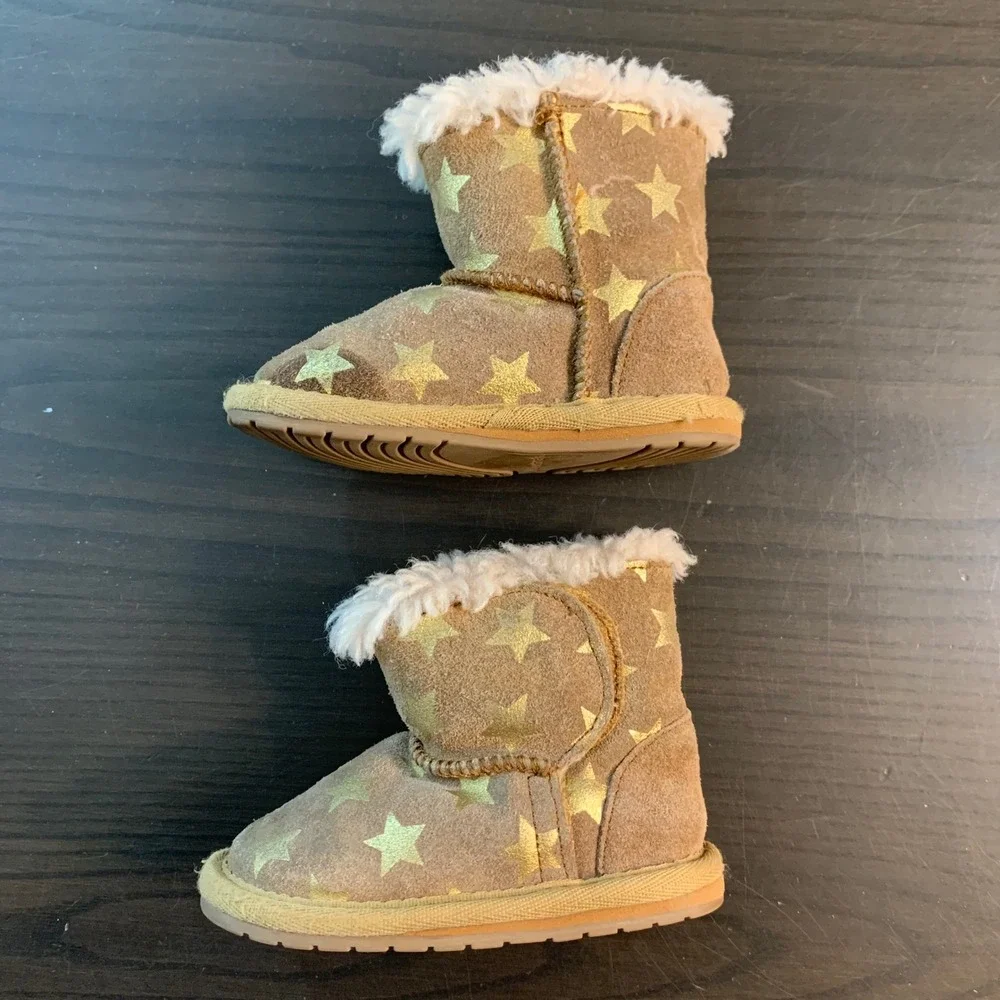 Emu Australia Kids 12-18 Month Star Print‎ Suede Boots Brown Gold Merino Lined